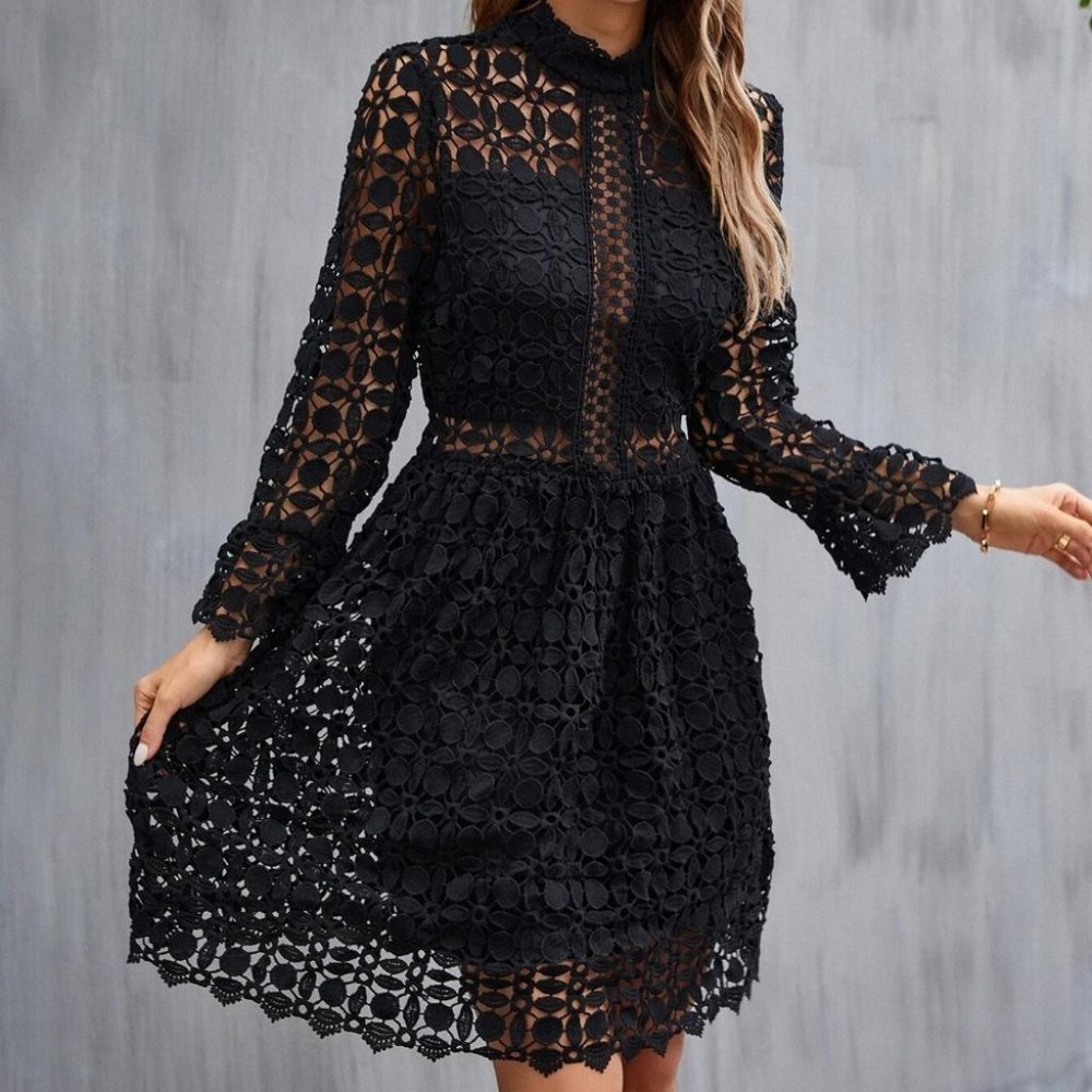 Black Mock Neck Flounce Sleeve Mesh Insert Lace Dress - Picture 4 of 6